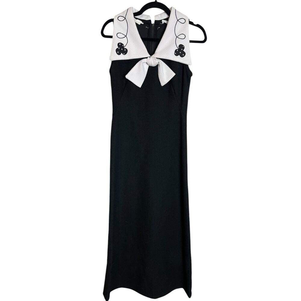 Vintage 60s Flutterbye Black White Waffle Poly Mod Maxi Dress Flower Collar Bow